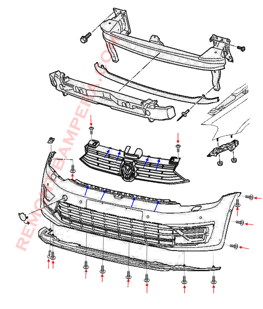 Schema di montaggio del paraurti anteriore della VW Golf Sportsvan