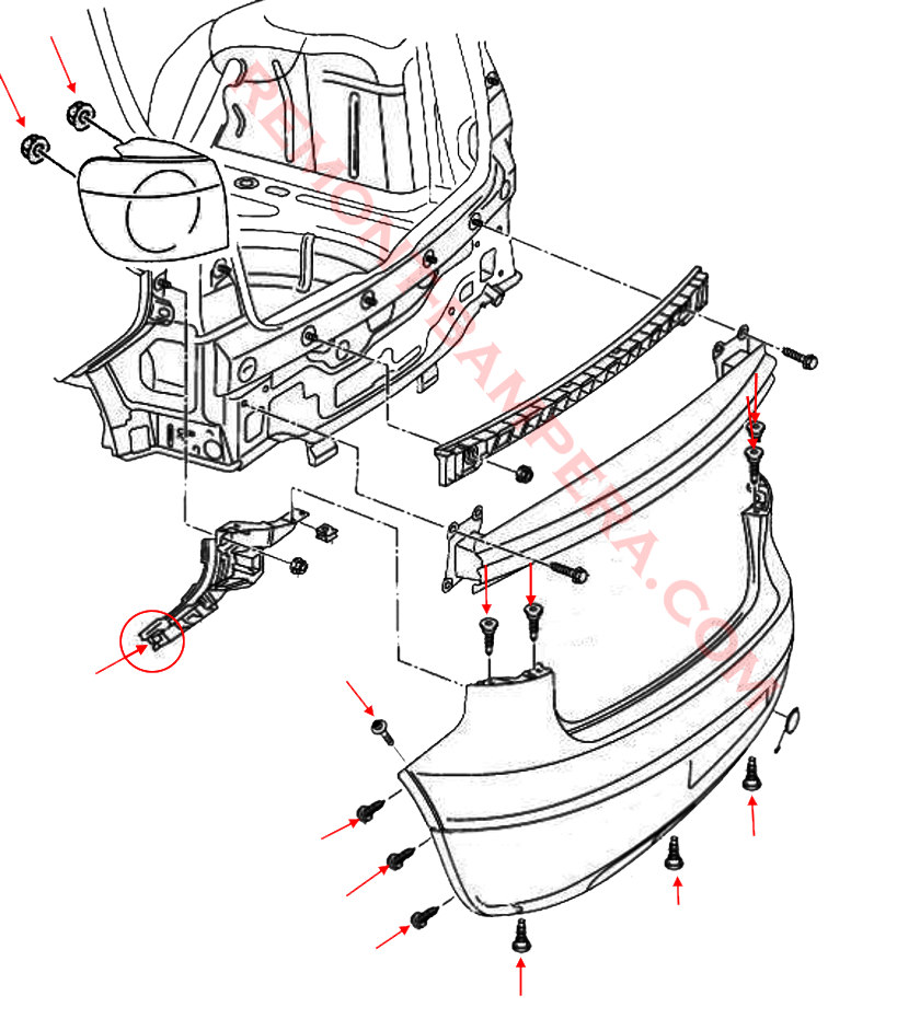 VW Golf Plus – Montagediagramm für die hintere Stoßstange