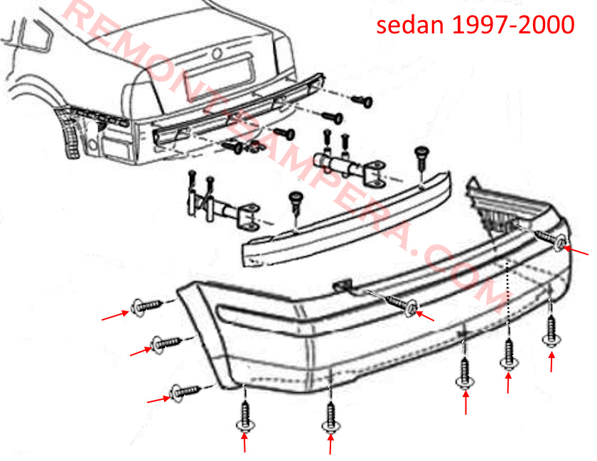 VW Passat B5 Heckstoßstangen-Montagediagramm