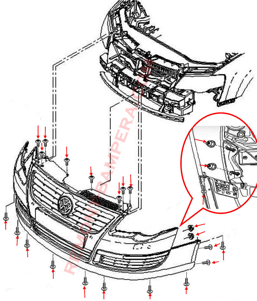 Схема крепления переднего бампера VW Passat B6