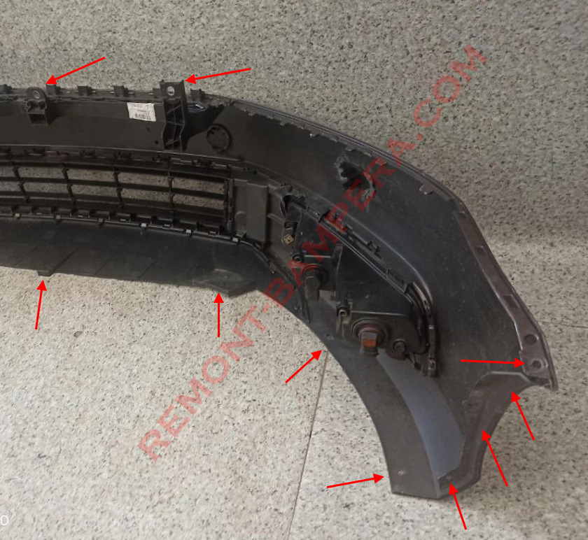 Befestigungsorte für die vordere Stoßstange VW Passat B7