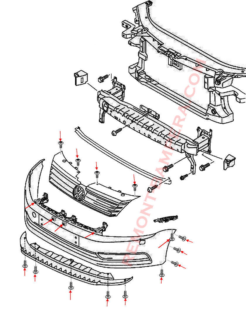 VW Passat B7 Befestigungsdiagramm für die vordere Stoßstange