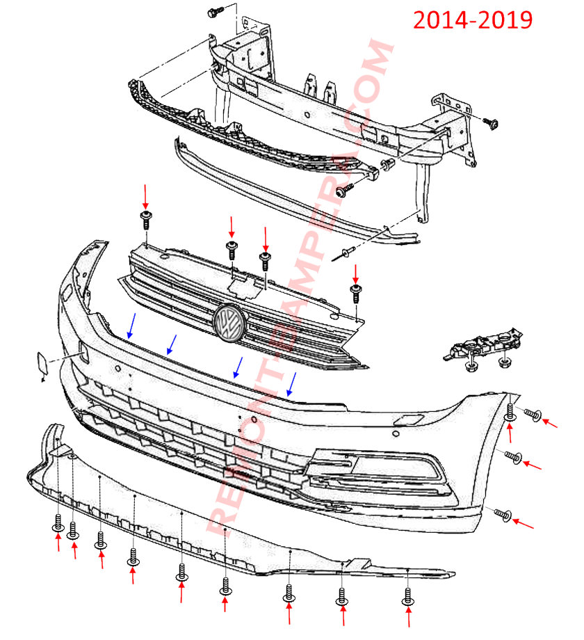 Diagrama de montaje del parachoques delantero del VW Passat B8