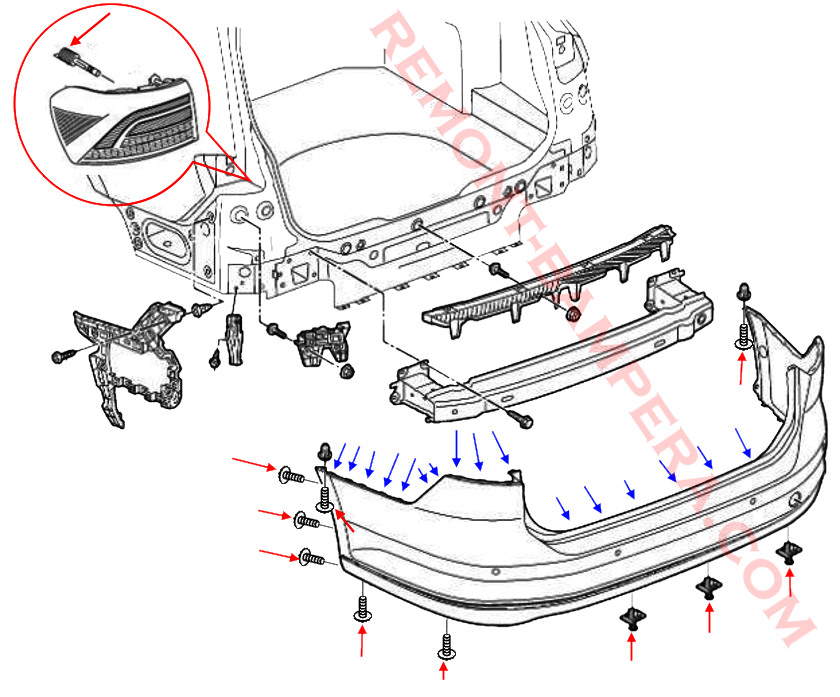 Diagrama de montaje del parachoques trasero del VW Passat B8