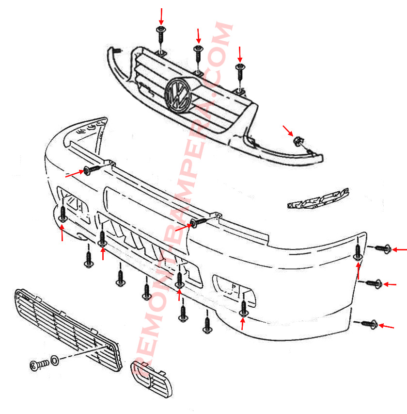 VW Polo III 1994–2002 Montagediagramm für die vordere Stoßstange
