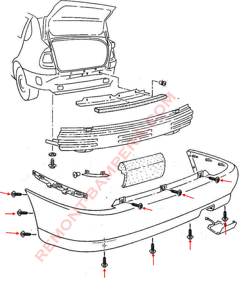 VW Polo III 1994–2002 Montagediagramm für die hintere Stoßstange