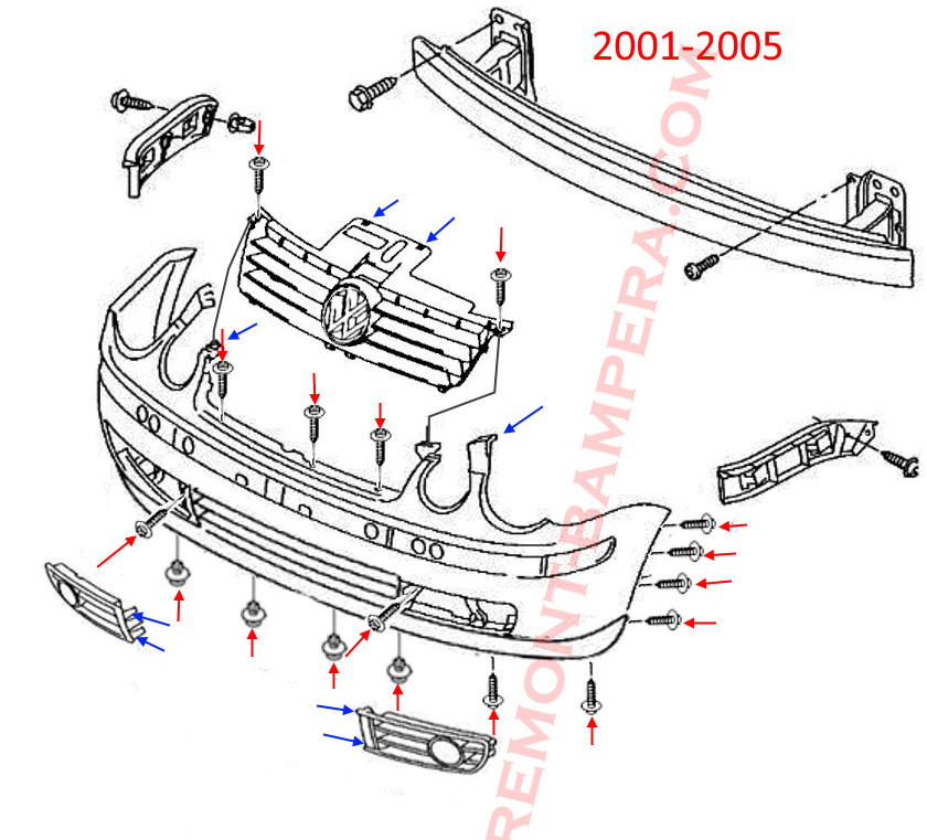 Schéma de montage du pare-chocs avant de la VW Polo IV 2001-2005