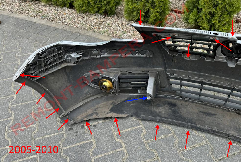 Emplacements de montage du pare-chocs avant VW Polo IV 2005–2010