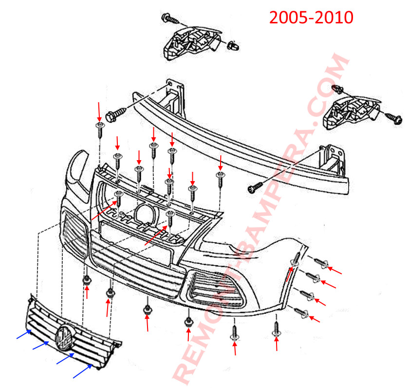 Schéma de montage du pare-chocs avant de la VW Polo IV 2005-2010