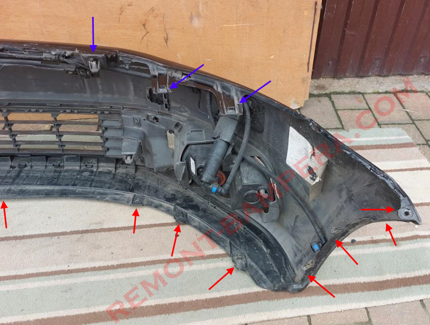 Montageorte für die vordere Stoßstange VW Polo V 2009–2017