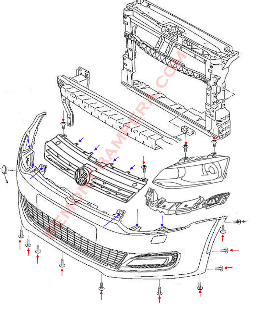VW Polo V 2009–2017 Montagediagramm für die vordere Stoßstange