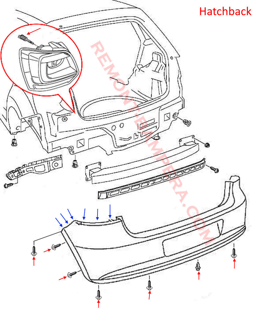 Montagediagramm für die hintere Stoßstange, VW Polo V Schrägheck 2009–2017