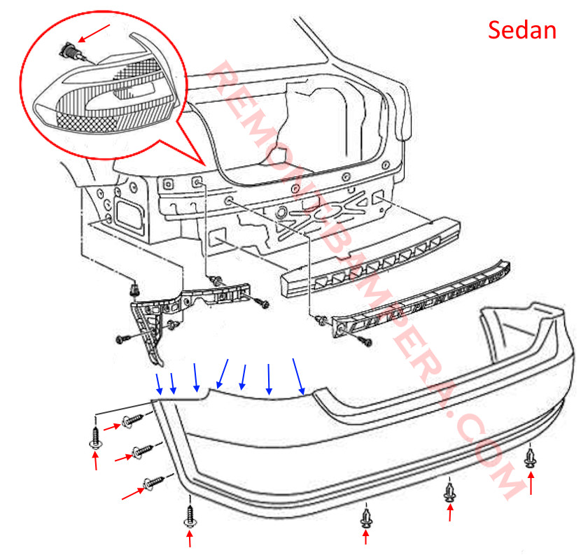 Montagediagramm für die hintere Stoßstange, VW Polo V Limousine 2009–2017