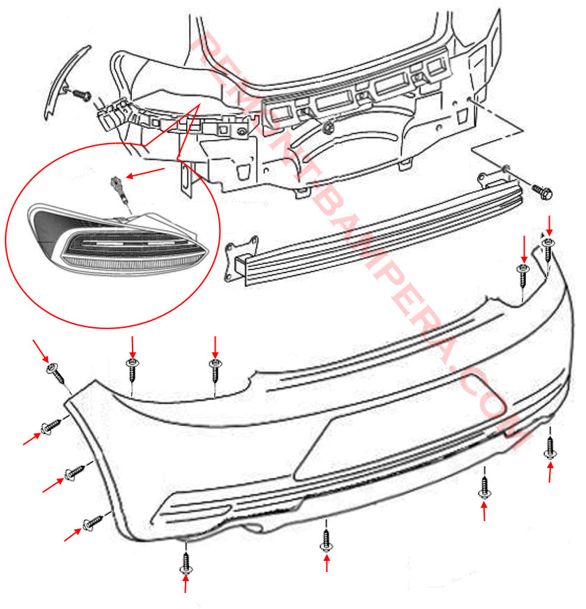 VW Scirocco III 2008-2017 rear bumper mounting diagram