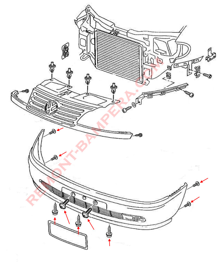 Schema di montaggio del paraurti anteriore VW Sharan mk1 1995-2000