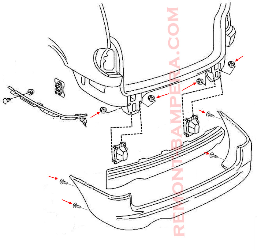 schema di montaggio del paraurti posteriore vw sharan mk1 1995-2000