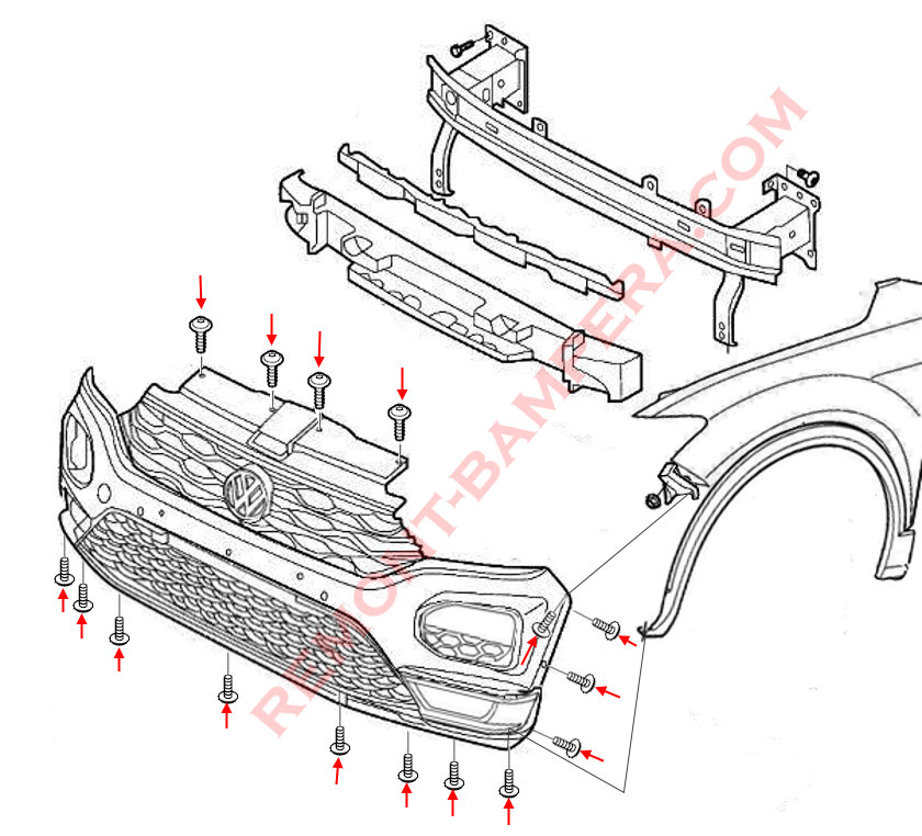 VW T-Roc I 2017+ Front Bumper Mounting Diagram