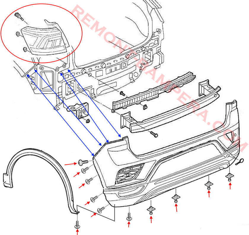 VW T-Roc I 2017+ rear bumper mounting diagram