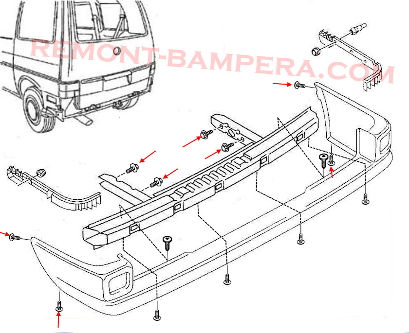 VW T4 1990-2003 Rear Bumper Mounting Diagram