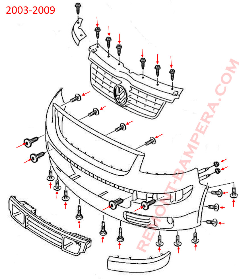 VW T5 2003-2009 Front Bumper Mounting Diagram