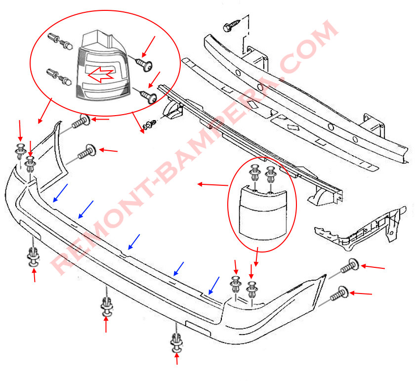 rear bumper mounting diagram VW T5 (T5.2) 2003-2015