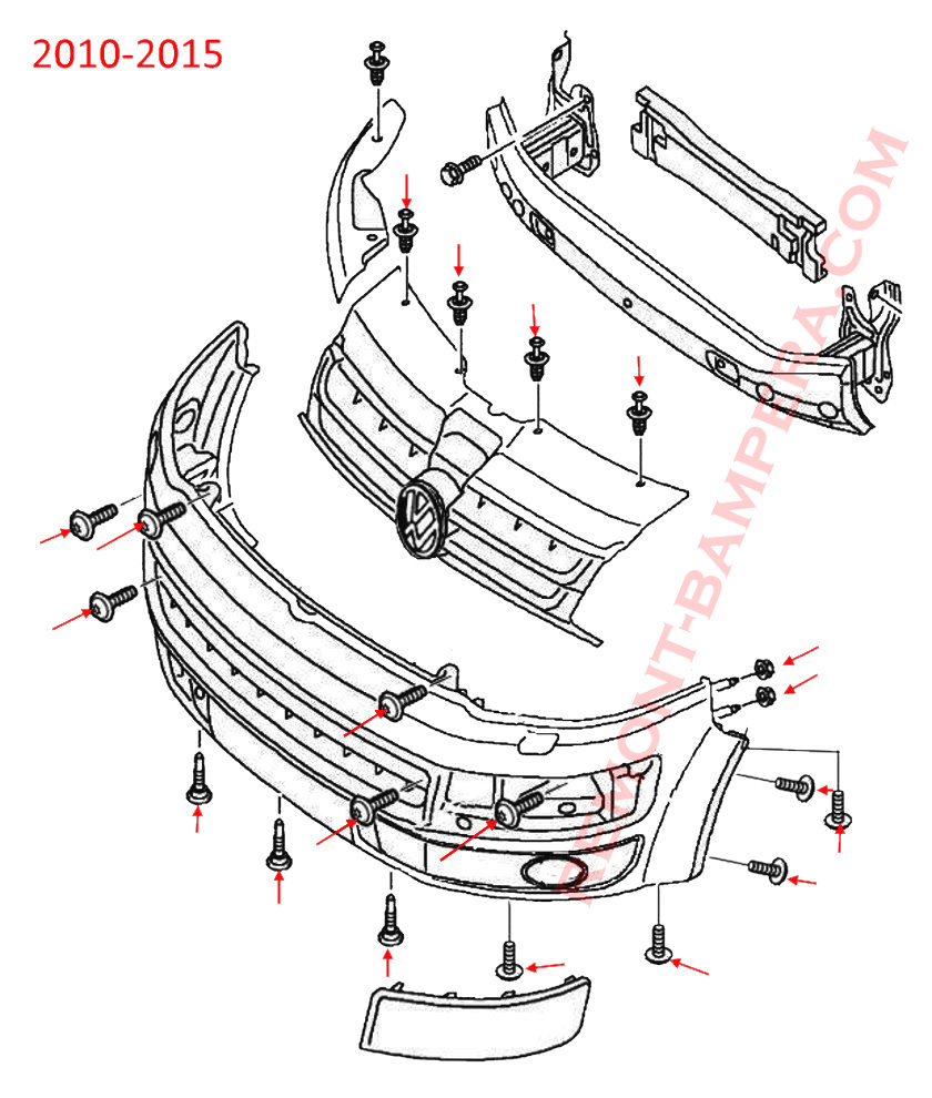 VW T5.2 2010-2015 Front Bumper Mounting Diagram