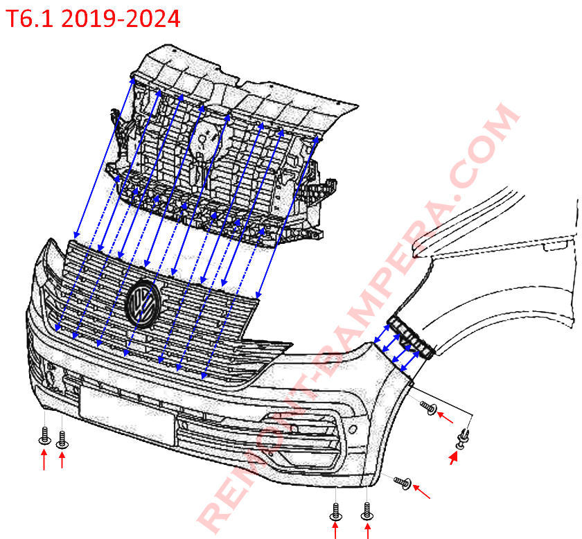 VW T6.1 2019-2024 Front Bumper Mounting Diagram