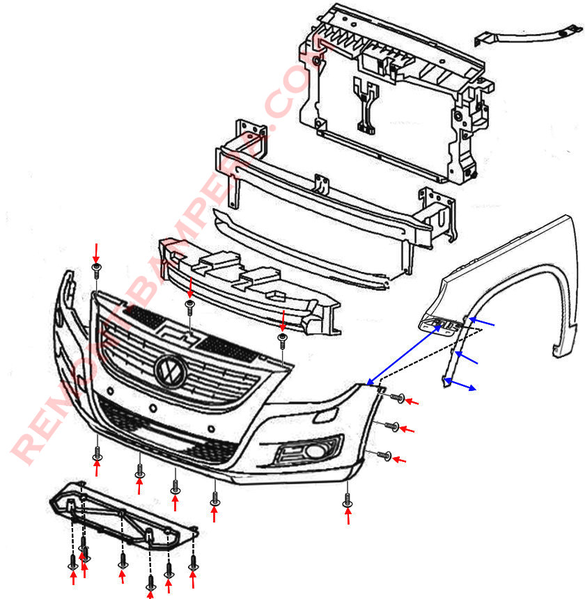 VW Tiguan I 2007-2018 Front Bumper Mounting Diagram