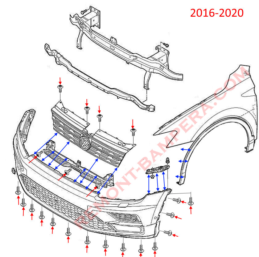VW Tiguan 2 2016-2020 Front Bumper Mounting Diagram