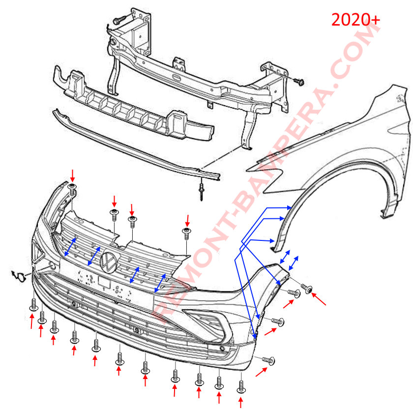 VW Tiguan 2 2020-2024 Front Bumper Mounting Diagram