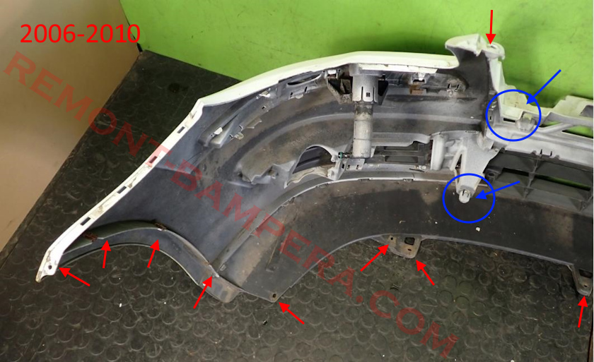 Posizioni di montaggio del paraurti anteriore VW Touran 1 2006-2010