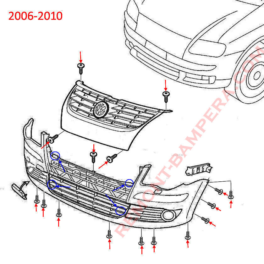 Schema di montaggio del paraurti anteriore VW Touran 1 2006-2010