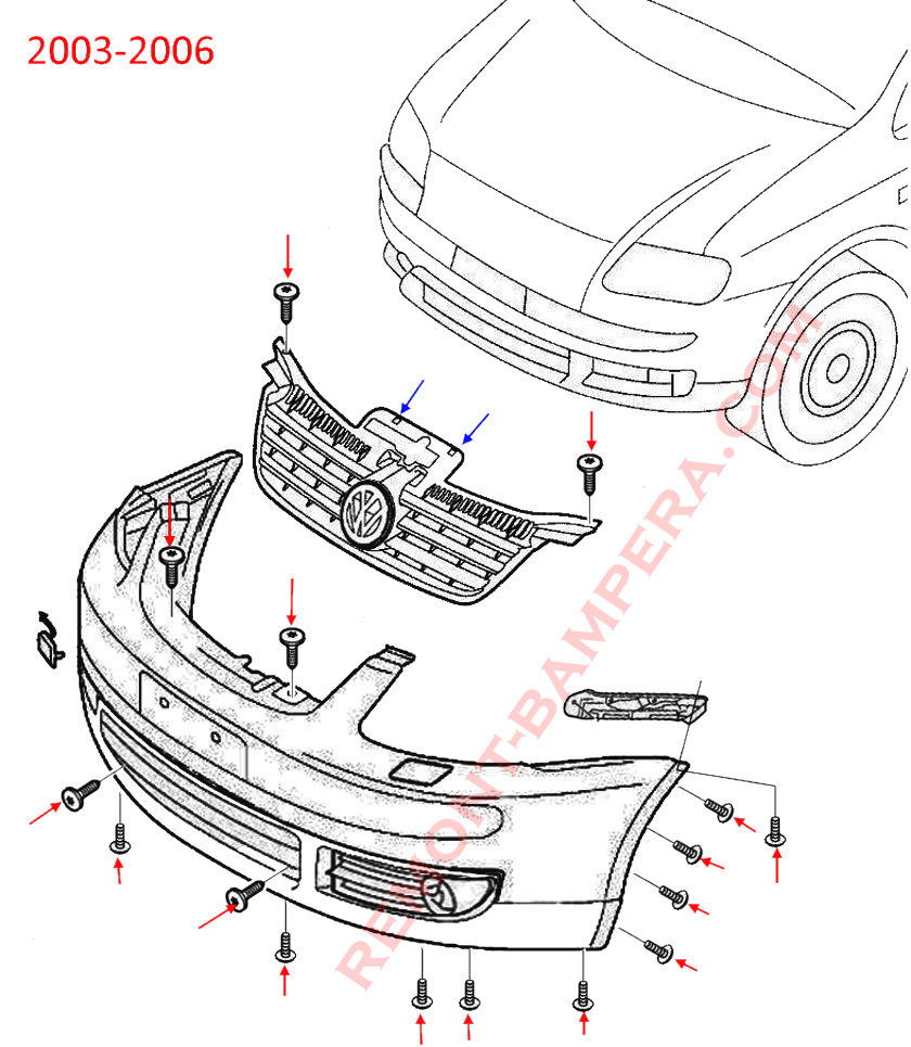 Schema di montaggio del paraurti anteriore VW Touran 1 2003-2006