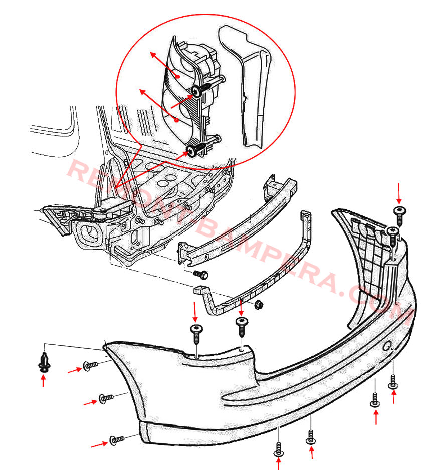 Schema di montaggio del paraurti posteriore VW Touran 1 2003-2010