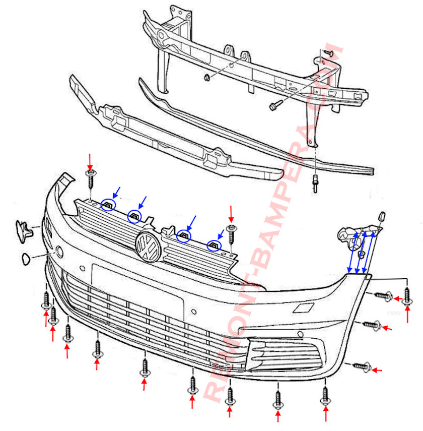 VW Touran 2 2015-2024 Montagediagramm für die vordere Stoßstange