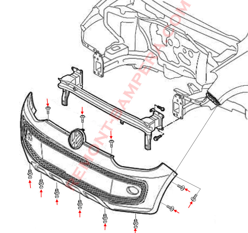 VW up! 2011-2023 front bumper mounting diagram