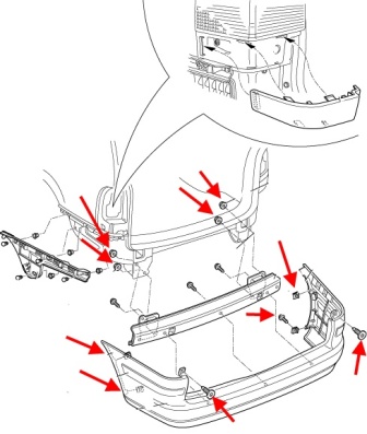 esquema de montaje del parachoques trasero VW Sharan (después de 2000)