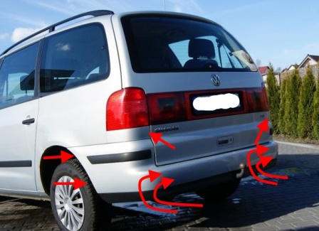 puntos de fijación del parachoques trasero VW Sharan (después de 2000)