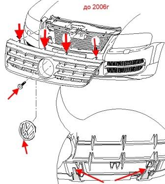 Diagrama de montaje de la rejilla del radiador VW TOUAREG