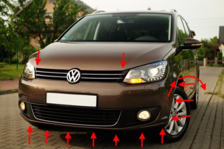 the attachment of the front bumper VW Touran (after 2010)