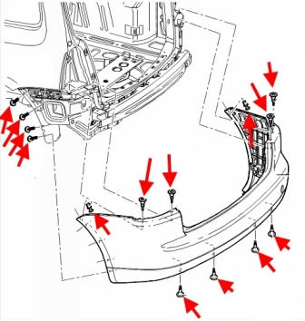 esquema de montaje del parachoques trasero VW Touran (hasta 2010)