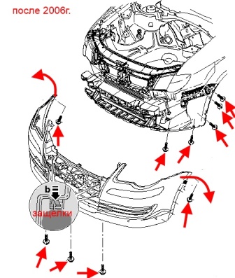 the scheme of fastening of the front bumper VW Touran (up to 2010)