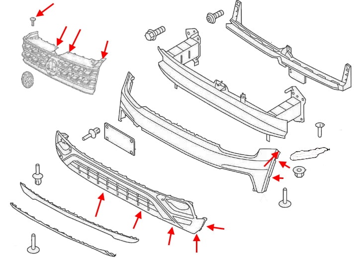 Diagrama de montaje del parachoques delantero VW Atlas / Teramont