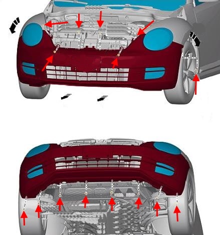 Esquema de montaje del parachoques delantero VW Beetle (2011-2019)