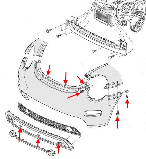 Esquema de montaje del parachoques delantero VW New Beetle (1997-2011)