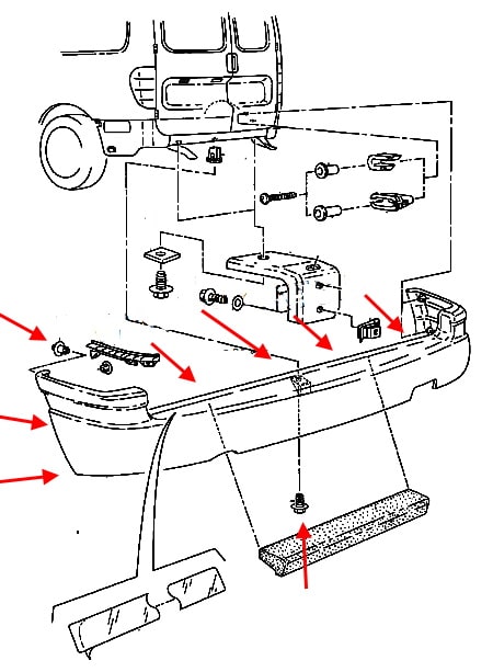 Esquema de montaje del parachoques trasero VW Caddy (1995-2004)