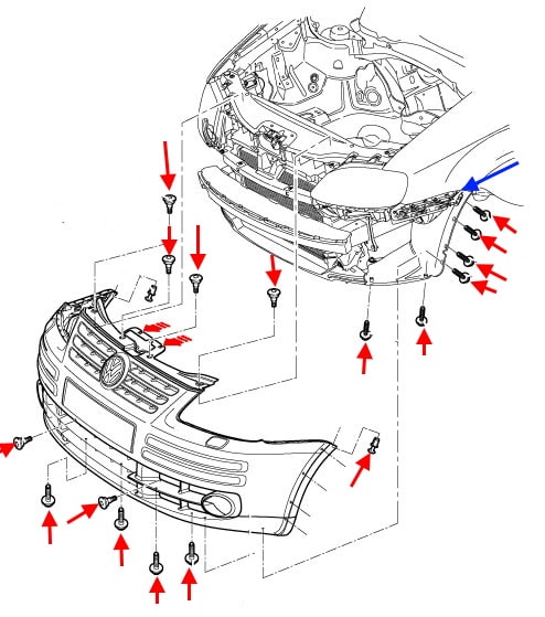 Esquema de montaje del parachoques delantero VW Caddy (2004-2015)