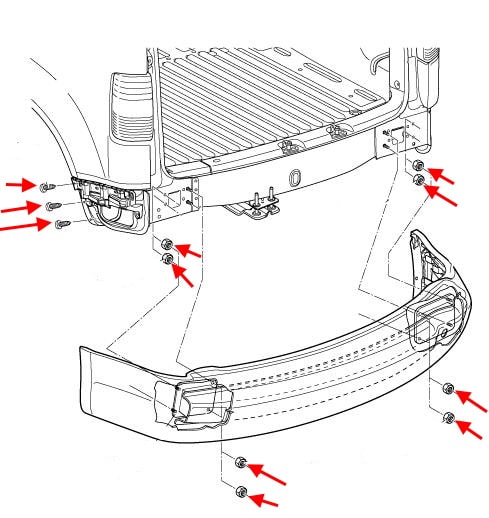 Montageplan für die hintere Stoßstange VW Caddy (2004-2015)