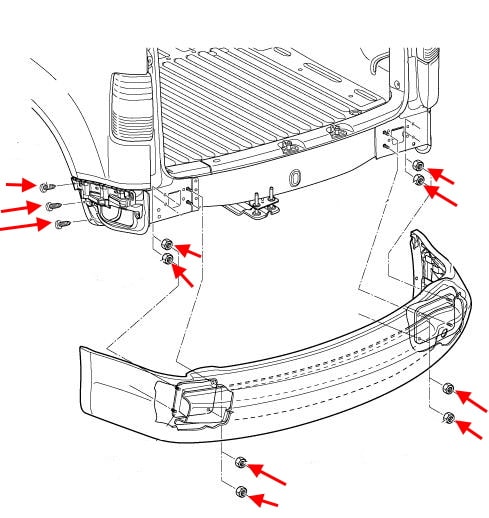 Esquema de montaje del parachoques trasero VW Caddy (2004-2015)