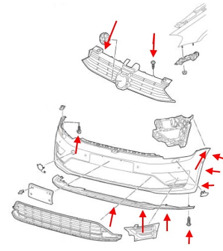 Diagrama de montaje del parachoques delantero VW Golf Sportsvan